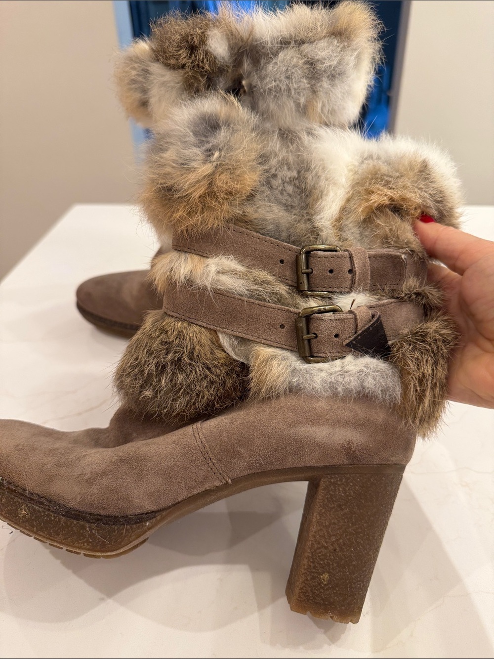 Plush Fur-Trim Suede Block Heel Boots - Taupe